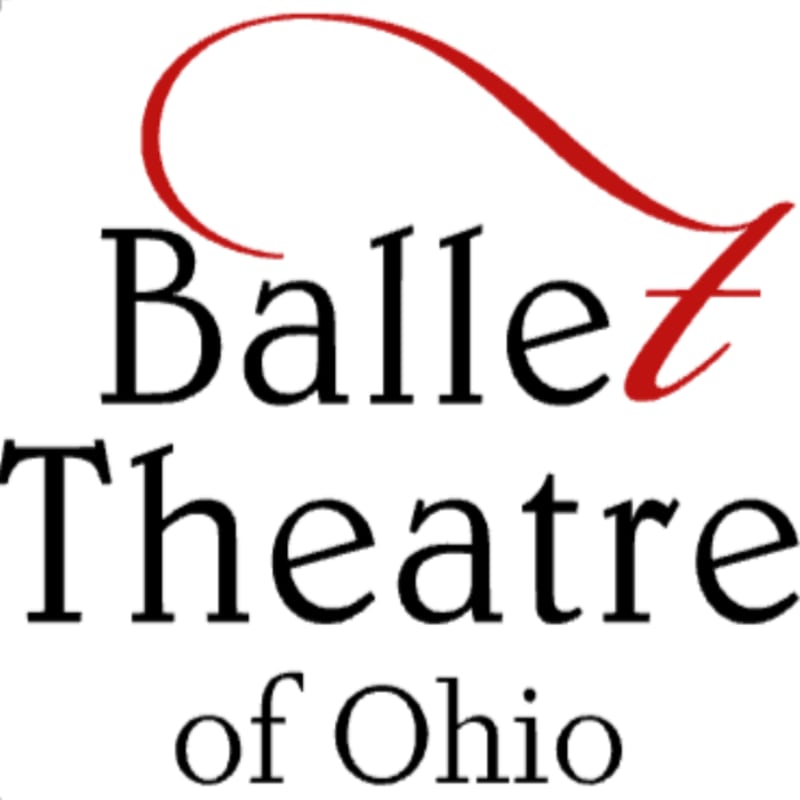 Black text spelling "Ballet Theatre of Ohio" is overlaid on a white background, with a red flourish extending from the "t" in "Ballet" to the "t" in "Theatre."