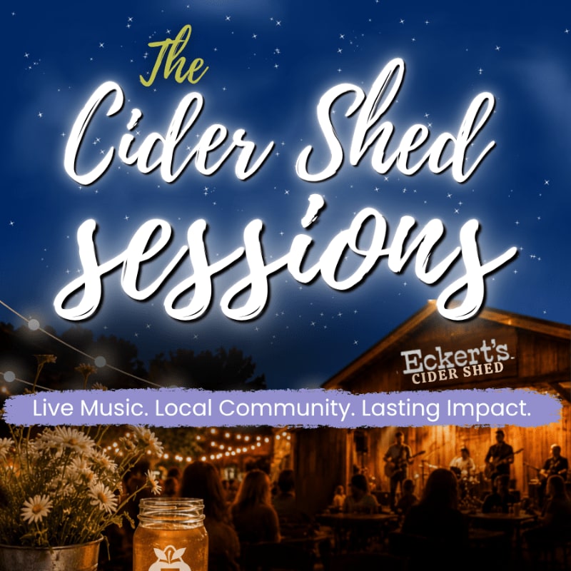 A rustic cider shed hosts a live music event under a starry night sky, with a mason jar of cider in the foreground.