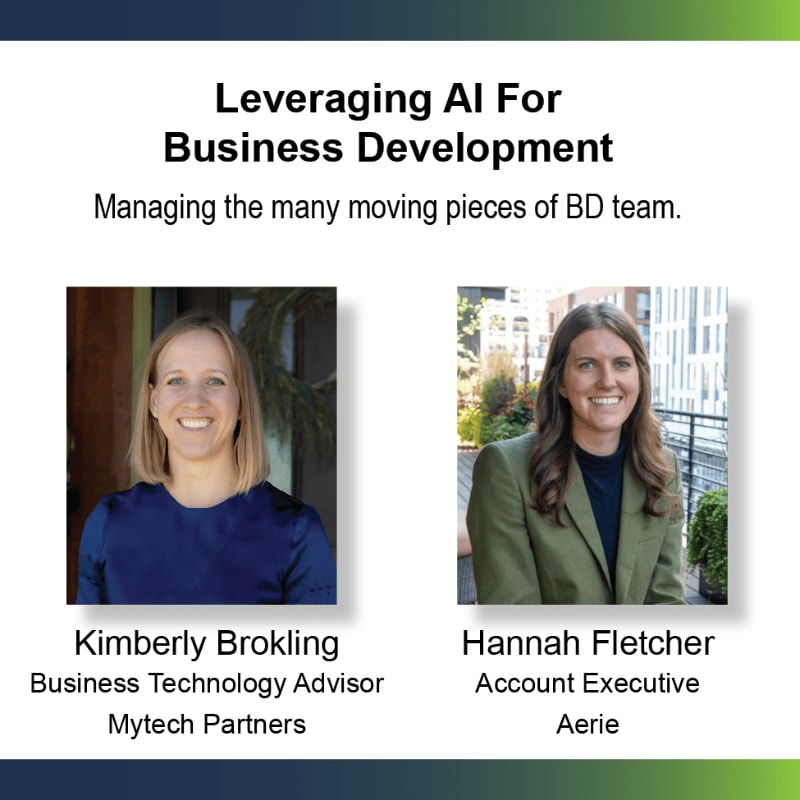 Two women, Kimberly Brokling and Hannah Fletcher, are featured in portraits against a background of text about leveraging AI for business development.