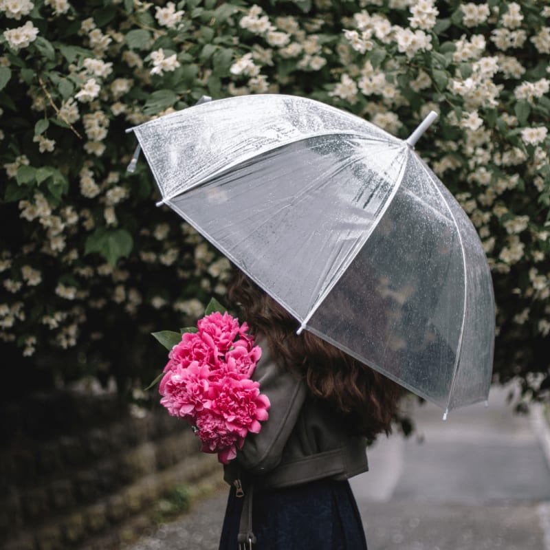woman in black coat holding umbrella