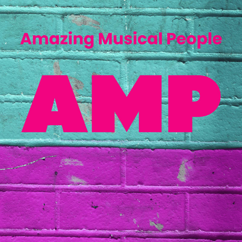 Bright pink letters spelling "AMP" are superimposed on a teal and purple brick wall, with the words "Amazing Musical People" above them.
