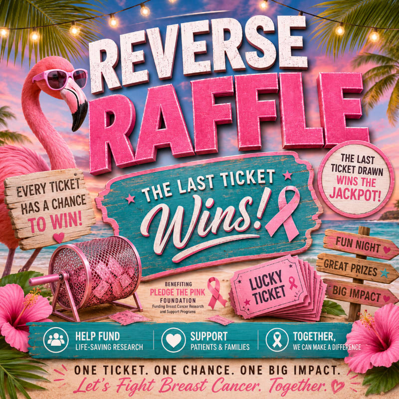 A festive reverse raffle advertisement features a pink flamingo in sunglasses and a raffle drum in the foreground, set against a tropical background with palm trees and string lights.