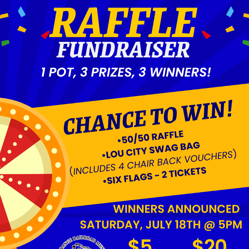 A raffle fundraiser poster with a spinning wheel in the foreground and blue and yellow text announcing prizes and details in the background.