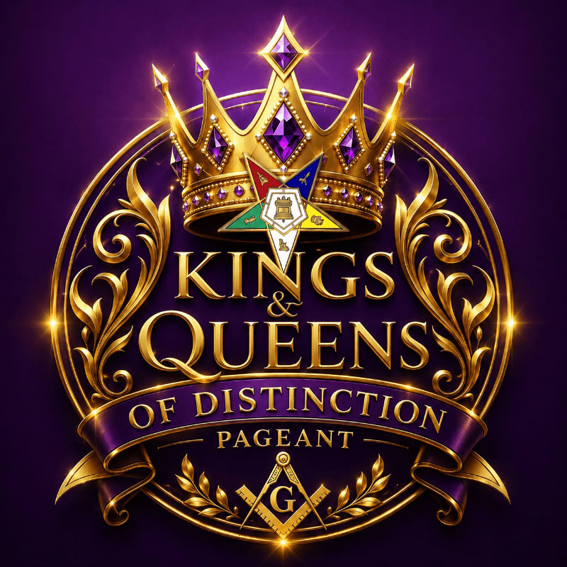 A golden emblem with the words "KINGS & QUEENS OF DISTINCTION PAGEANT" is set against a deep purple, star-speckled background.