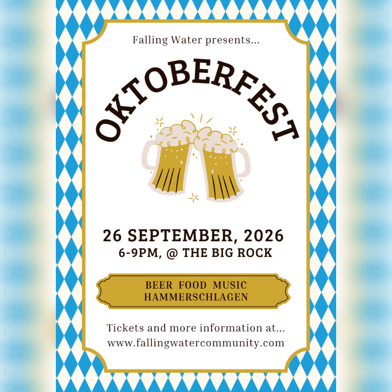Two frothy beer mugs clink in the foreground against a blue and white diamond pattern background advertising an Oktoberfest event.