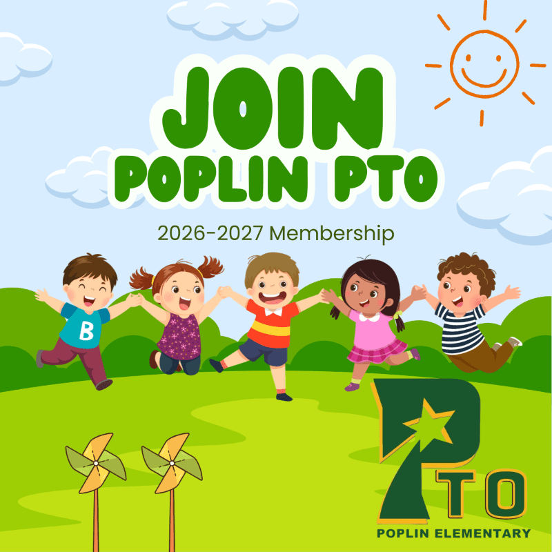 Five diverse children with arms outstretched in a grassy field with pinwheels in the foreground and a smiling sun in the background, all under the words "JOIN POPLIN PTO 2026-2027 Membership".