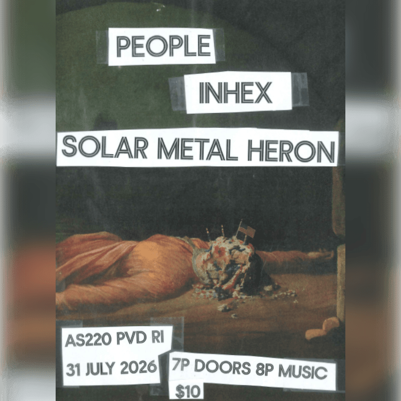 A flyer for a concert by "PEOPLE INHEX SOLAR METAL HERON" is overlaid on a painting of a reclining figure, with event details at the bottom.