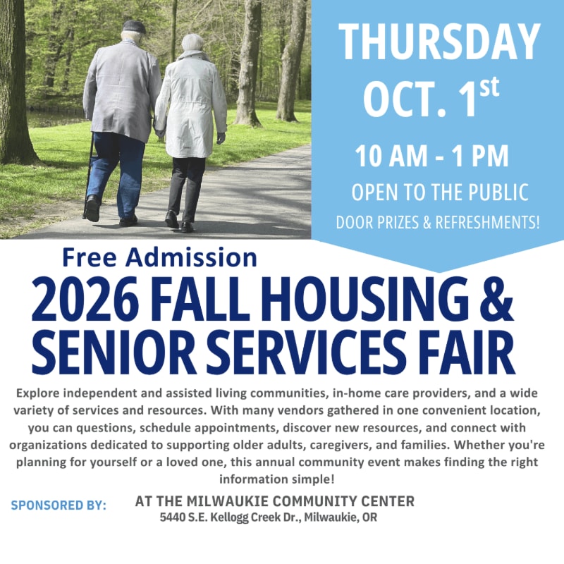 An elderly couple walks down a tree-lined path in the background, while the foreground advertises the 2026 Fall Housing & Senior Services Fair.