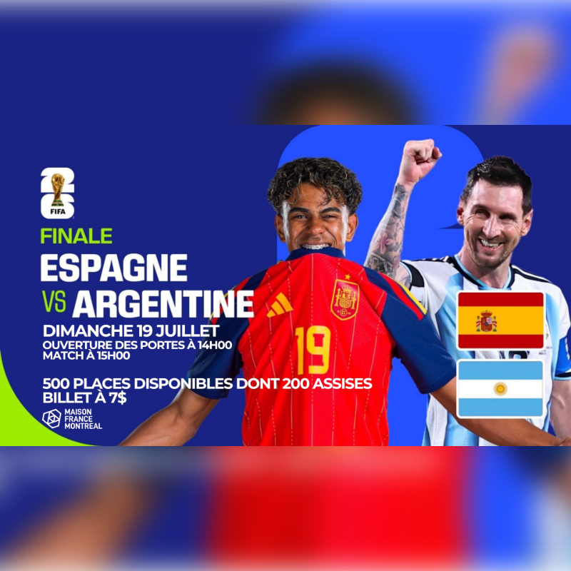 Two soccer players, one in a red Spanish jersey and the other in an Argentinian jersey, are featured in the foreground against a blue background with event details.
