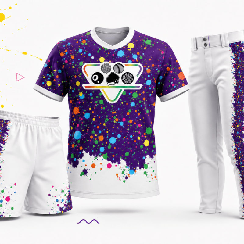 A purple t-shirt with colorful paint splatters and a sports emblem is displayed with white shorts and pants, all against a white background with abstract shapes.