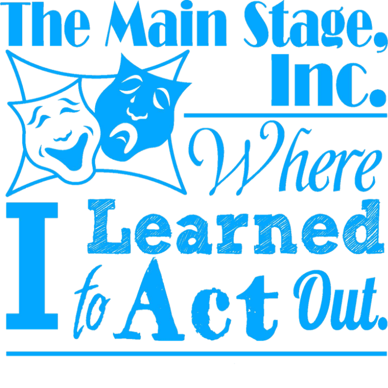 Two blue theater masks, one smiling and one frowning, are in the foreground against a white background with blue text that reads "The Main Stage, Inc. Where I Learned to Act Out."