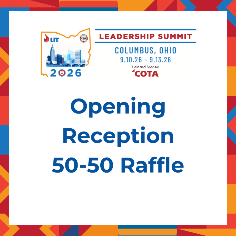 A white square with blue text announcing an "Opening Reception 50-50 Raffle" is framed by a colorful geometric pattern, with a logo for a "Leadership Summit" in Columbus, Ohio, in the upper right corner.