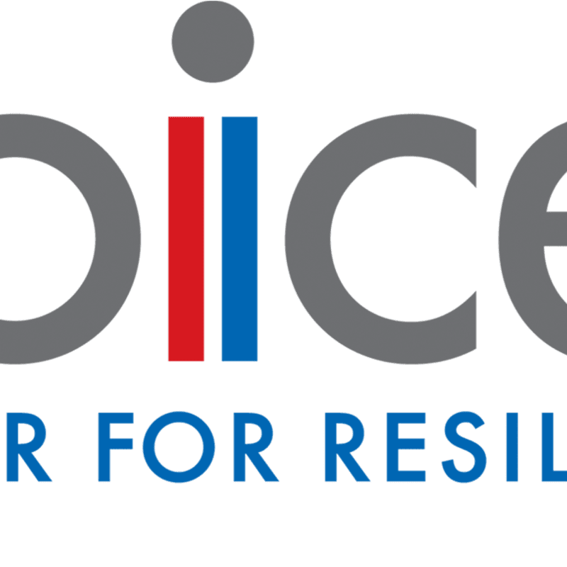 A logo with the word "voice" in gray letters, featuring a red and blue vertical bar in place of the "i", is displayed above the text "R FOR RESILI" in blue letters on a white background.