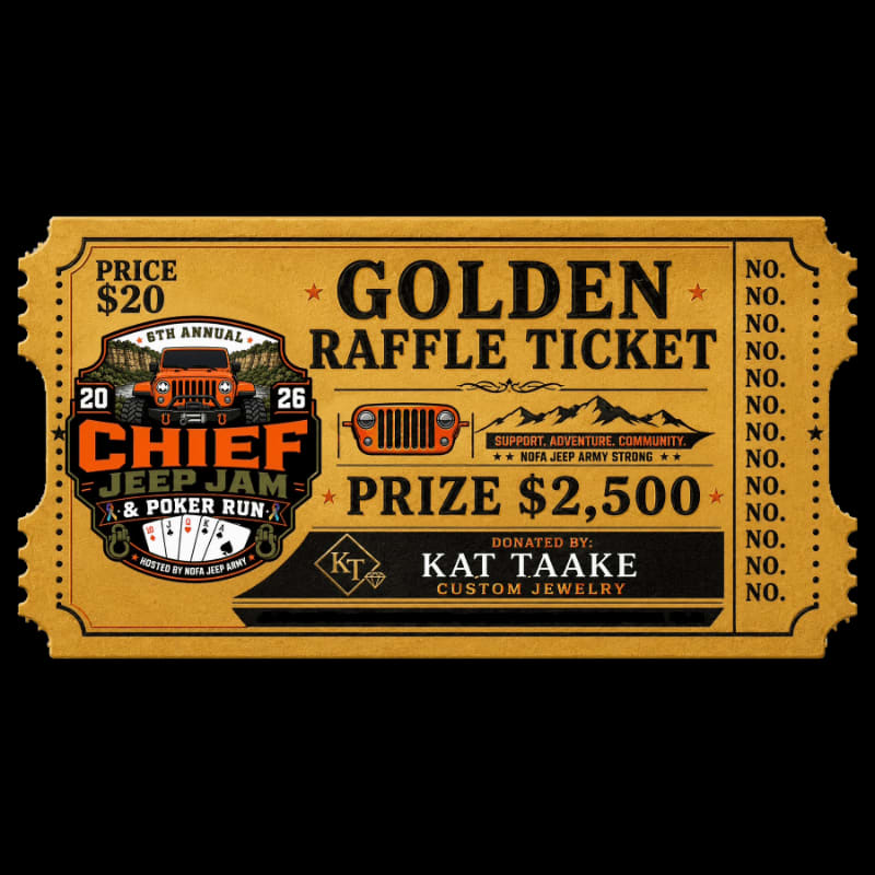 A golden raffle ticket for the Chief Jeep Jam & Poker Run, featuring a Jeep and prize information, is set against a black background.