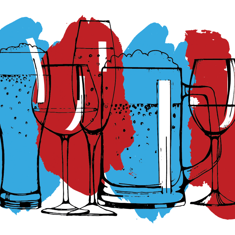 A row of outlined glasses filled with bubbly drinks stands against a vibrant red and blue abstract background.
