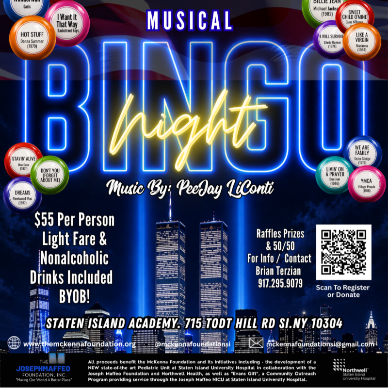 Neon lights spell out "MUSICAL BINGO NIGHT" in the foreground, with a nighttime cityscape featuring the Twin Towers in the background.
