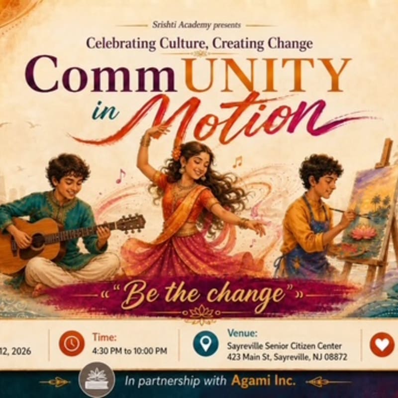 A vibrant poster for "Community in Motion" features a dancer in the foreground, with a guitarist and artist on either side, set against a textured background with event details.