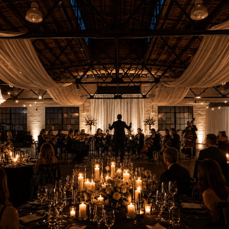 A conductor leads an orchestra in a dimly lit hall with elegantly set tables in the foreground.