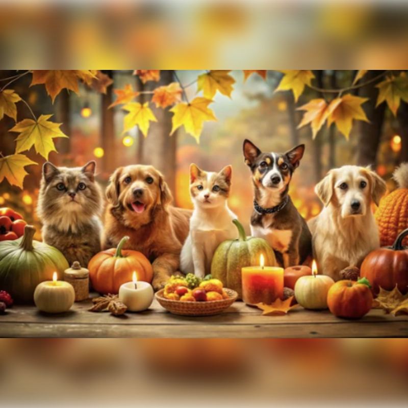 A group of cats and dogs sit among pumpkins and lit candles on a wooden table, with autumn leaves and blurred lights in the background.
