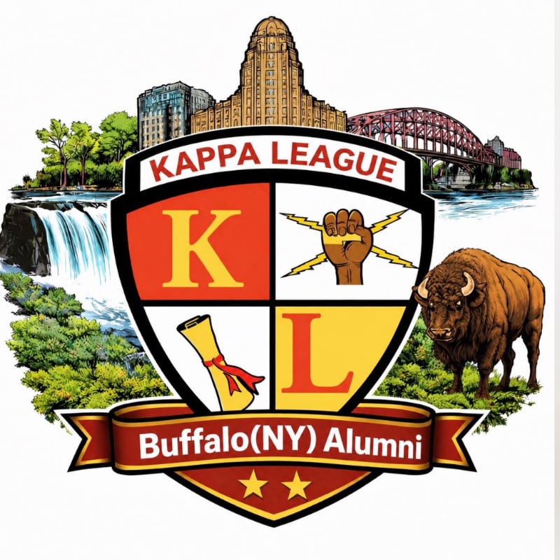 A shield with "Kappa League Buffalo (NY) Alumni" and symbols of a fist, diploma, and letters K and L is set against a background of Buffalo landmarks including a waterfall, buildings, a bridge, and a bison.