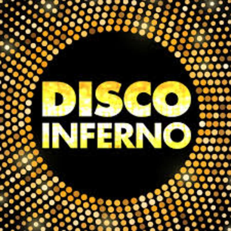 Golden sparkles surround the bold, yellow text "DISCO INFERNO" in the foreground, set against a black circular background.