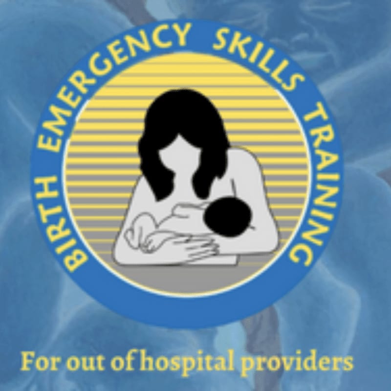 A stylized illustration of a mother breastfeeding her baby is centered within a blue and yellow circular logo that reads "BIRTH EMERGENCY SKILLS TRAINING," set against a blurred blue background with text below stating "For out of hospital providers."