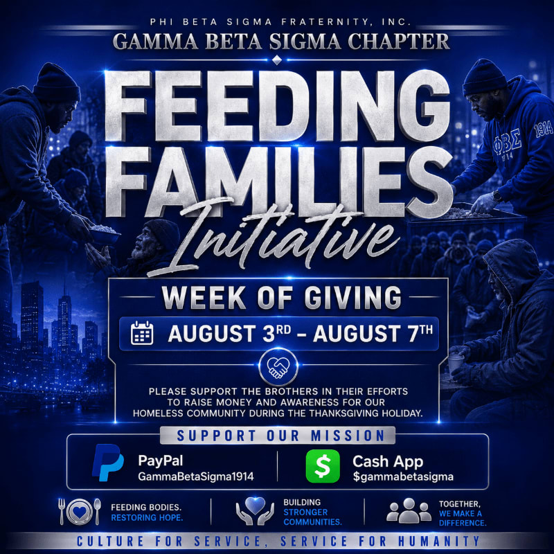 In the foreground, a graphic advertises the "Feeding Families Initiative Week of Giving" by the Gamma Beta Sigma Chapter of Phi Beta Sigma Fraternity, Inc., while the background shows a blurred image of people distributing food to others in a city setting.