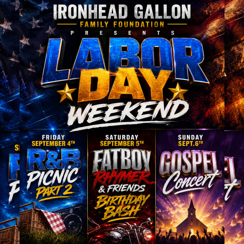 A Labor Day Weekend event poster features a large "LABOR DAY WEEKEND" title in the background, with three smaller event posters for Friday, Saturday, and Sunday in the foreground.