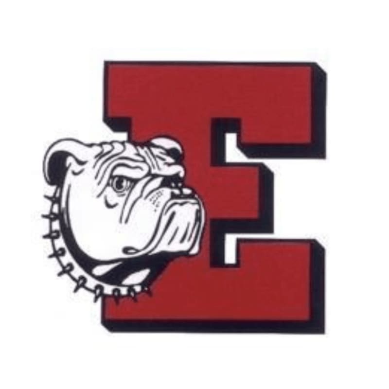 A white bulldog head with a spiked collar is superimposed on a large red letter "E" against a white background.