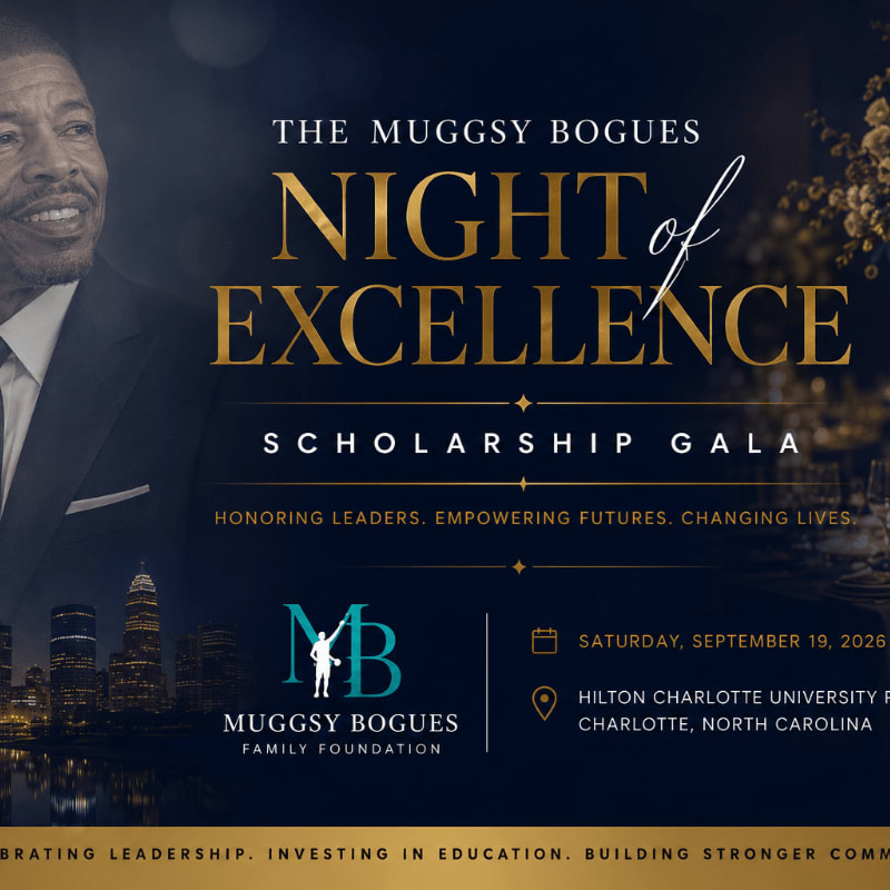 A portrait of Muggsy Bogues is featured on the left, with event details for a "Night of Excellence Scholarship Gala" on the right, set against a dark, elegant background with city skyline and bokeh lights.