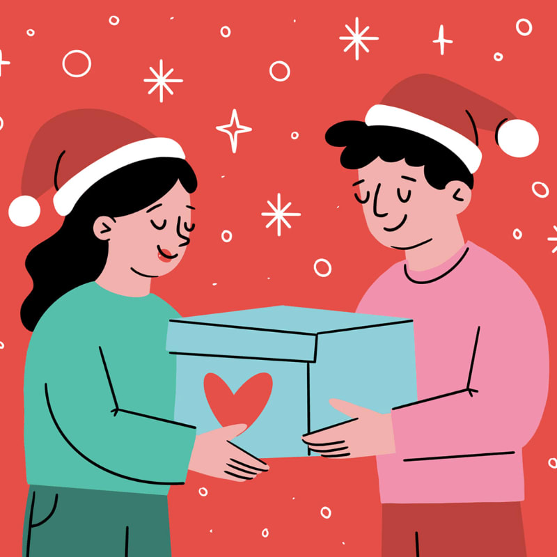 A boy and a girl in Santa hats exchange a gift box with a heart on it against a red background with white snowflakes and stars.