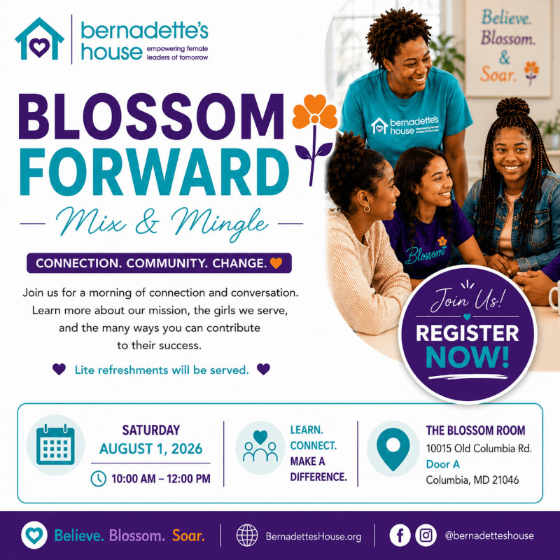 In the foreground, bold text announces a "Blossom Forward Mix & Mingle" event with registration details, while the background features a group of smiling young women and an adult mentor.