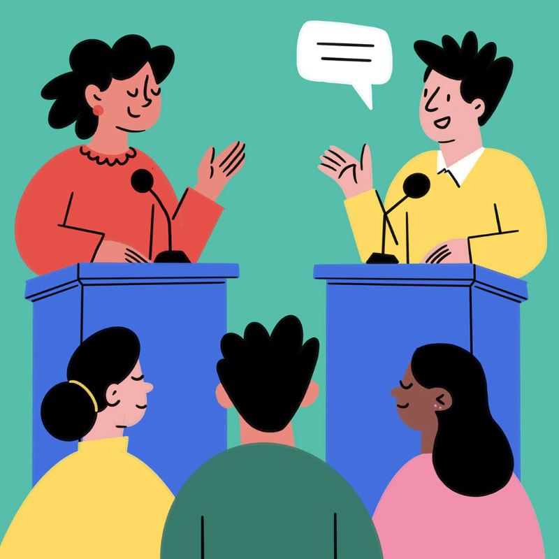 Two people debate at podiums in front of an audience of three, with a speech bubble above them.
