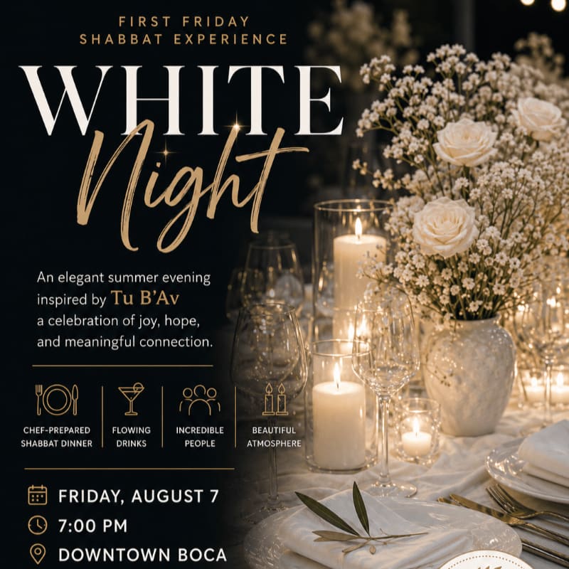 A white-themed table setting with glowing candles and floral arrangements is illuminated by soft light, advertising a "White Night Shabbat Experience" event.