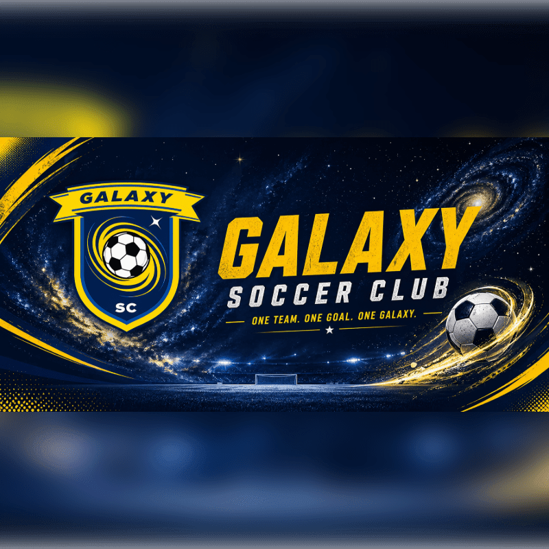 A soccer ball streaks across a starry galaxy background, with the "GALAXY SOCCER CLUB" logo prominently displayed in the foreground.
