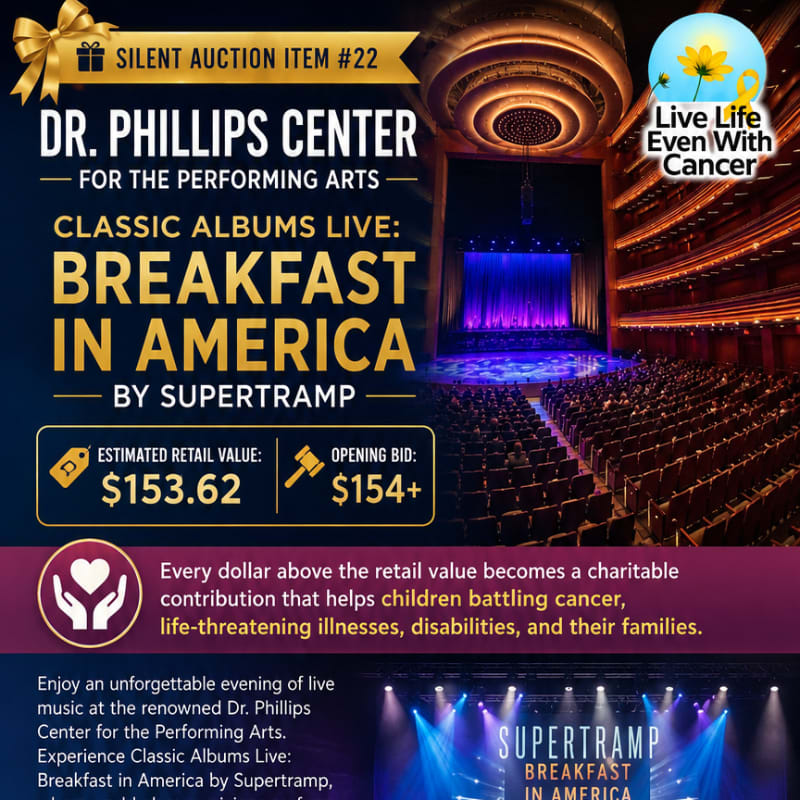 A flyer advertises a silent auction item, a ticket to "Classic Albums Live: Breakfast in America by Supertramp" at the Dr. Phillips Center, with a background image of the venue's opulent interior.
