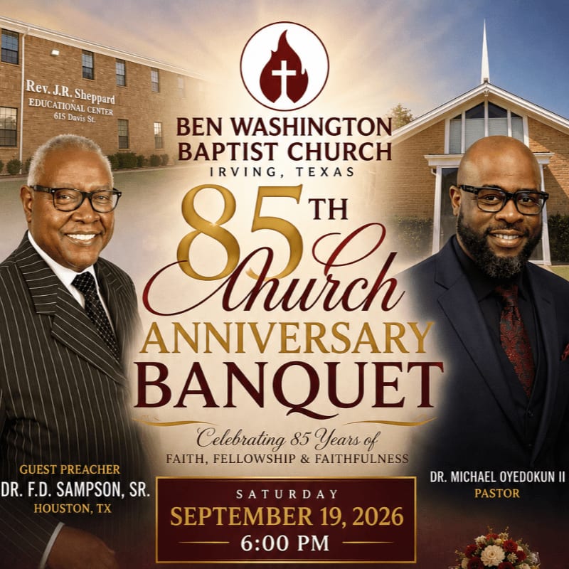 Two smiling men in suits are featured in the foreground, with a church building and text announcing an 85th church anniversary banquet in the background.