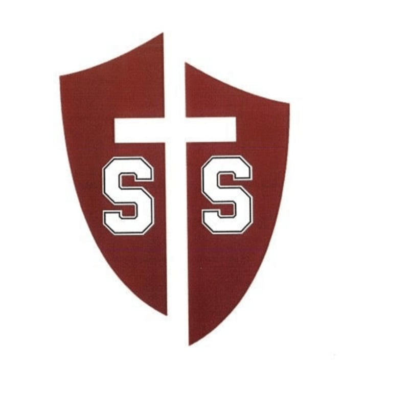 A maroon shield with a white cross and two white "S" letters is centered on a plain white background.