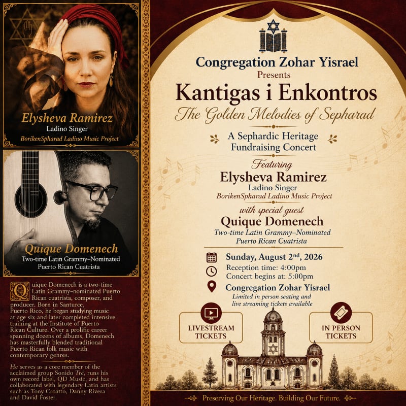 A concert poster features portraits of Elysheva Ramirez and Quique Domenech in the foreground, with event details and a drawing of a building in the background.