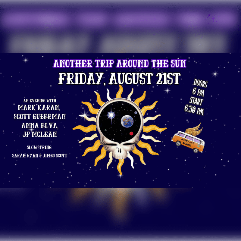 A psychedelic sun and skull graphic with event details and a winged van are set against a starry, deep purple background.