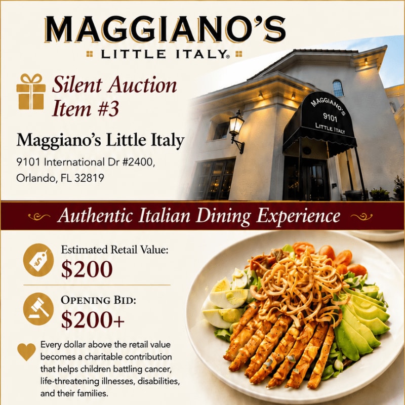 A Maggiano's Little Italy restaurant building is in the background, while the foreground features a salad and auction details.
