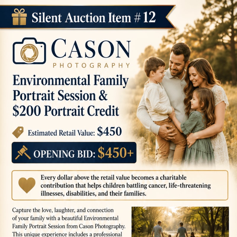 A family of four smiles warmly in a sun-drenched outdoor setting, with auction details for a Cason Photography session overlaid on the left.