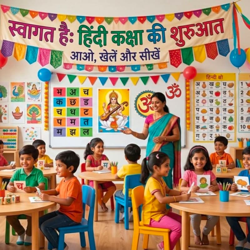A teacher guides young students in a colorful Hindi classroom decorated with a welcome banner and educational charts.