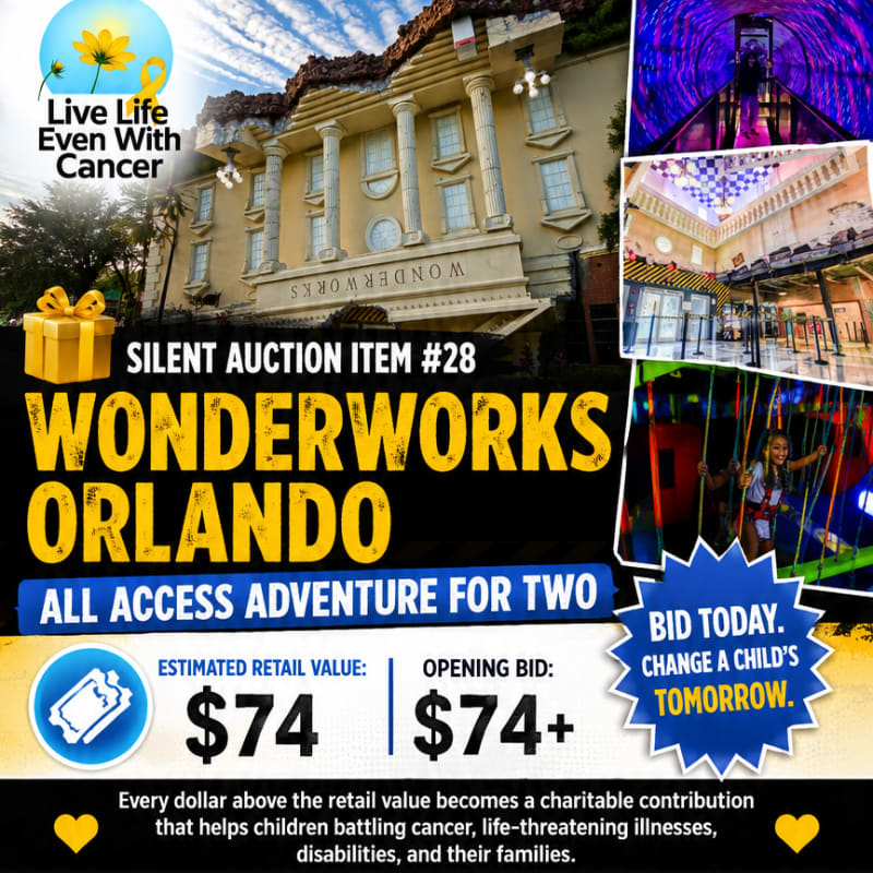An upside-down building with columns in the foreground is advertised for a silent auction, with smaller images of attractions and text about a charitable contribution in the background.