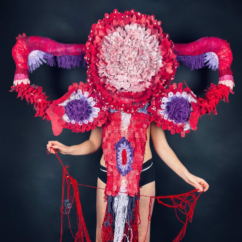 A person in a vibrant, uterus-shaped costume with intricate floral and crocheted details stands against a dark, plain background, holding loose red yarn.