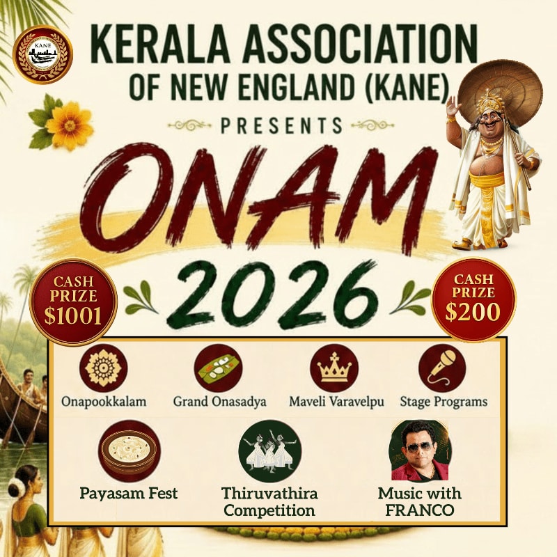 A vibrant poster for Onam 2026, presented by the Kerala Association of New England, features a traditional Kathakali dancer in the background and a collage of event highlights in the foreground.