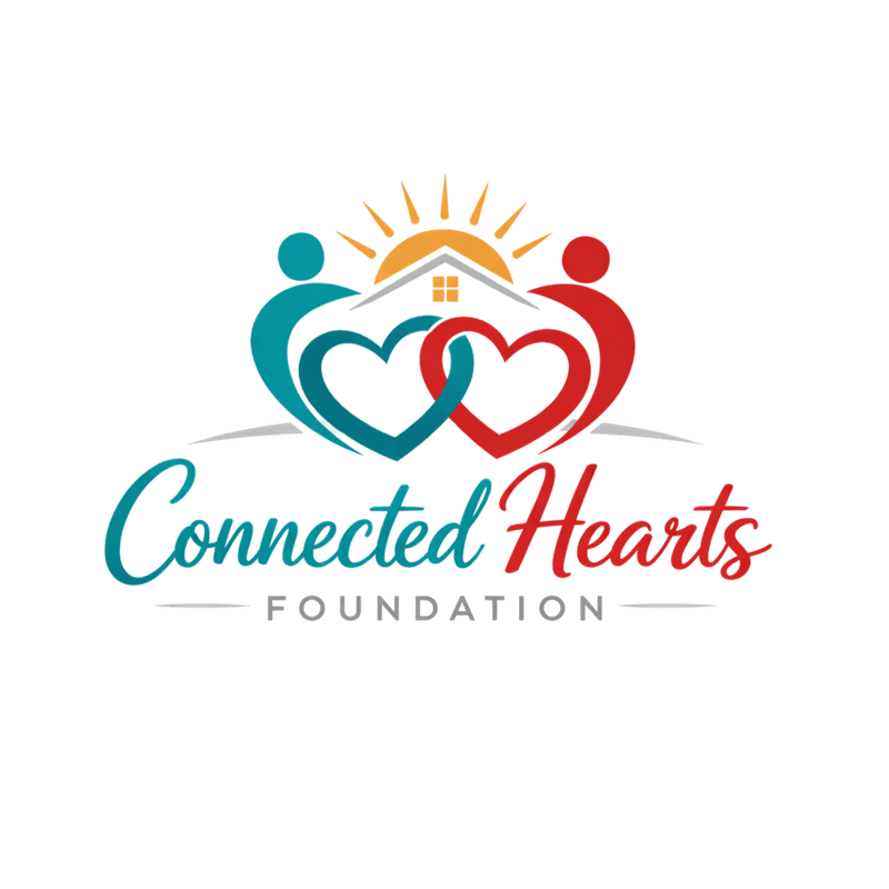 Two stylized figures embrace two intertwined hearts beneath a house and sun, with the words "Connected Hearts FOUNDATION" below.