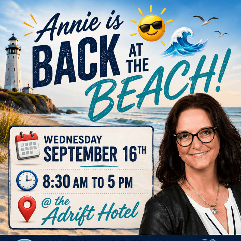 A woman smiles in the foreground with a beach scene and event details in the background.