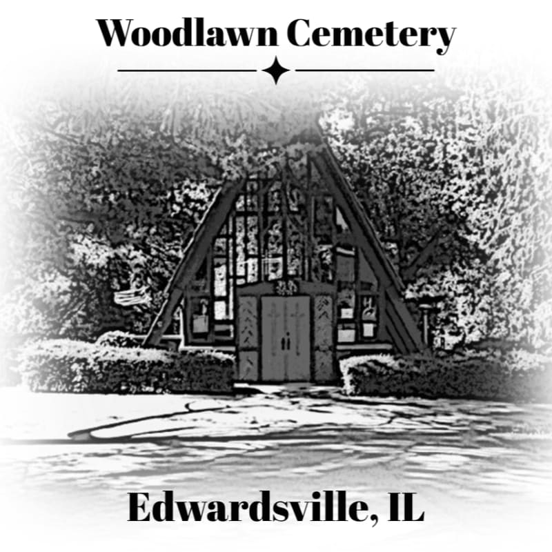 A stark, black and white sketch of a chapel with a triangular roof stands in the foreground, surrounded by manicured bushes, while the background is a blurred expanse of trees and the text "Woodlawn Cemetery Edwardsville, IL" frames the scene.