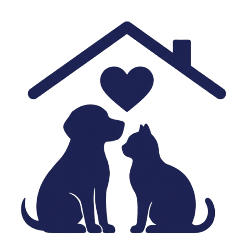 A dark blue silhouette of a dog and cat sit facing each other under a house-shaped outline with a heart above them.
